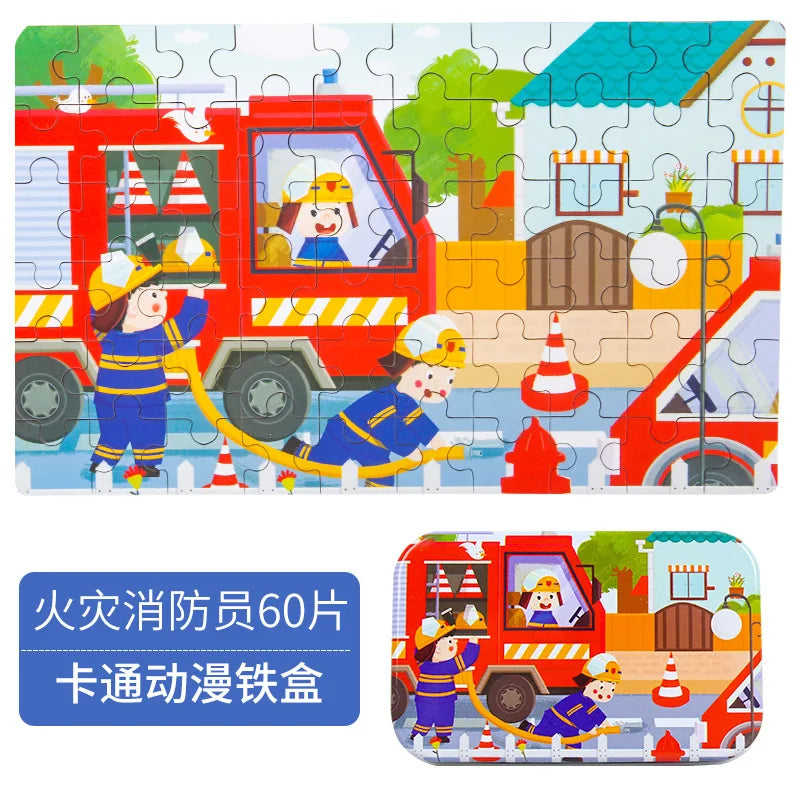 60 Pieces Wooden Puzzle Toys for Children Cartoon Vehicle Animal Wood Jigsaw Baby Learning Educational Toy Kids Gift