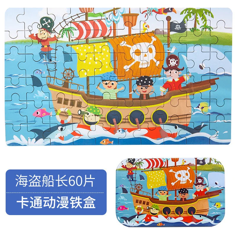 60 Pieces Wooden Puzzle Toys for Children Cartoon Vehicle Animal Wood Jigsaw Baby Learning Educational Toy Kids Gift