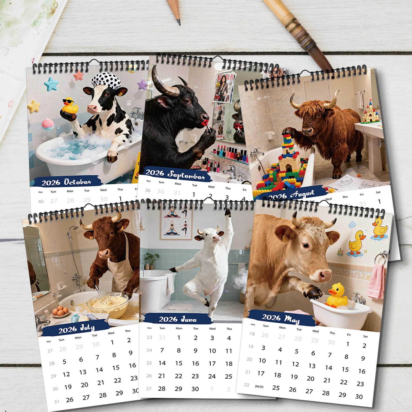 Funny Monthly Wall Calendar,A4 Size, Cute Cow Design With 12 Exquisite Patterns,Perfect For Home,Office, School, Travel