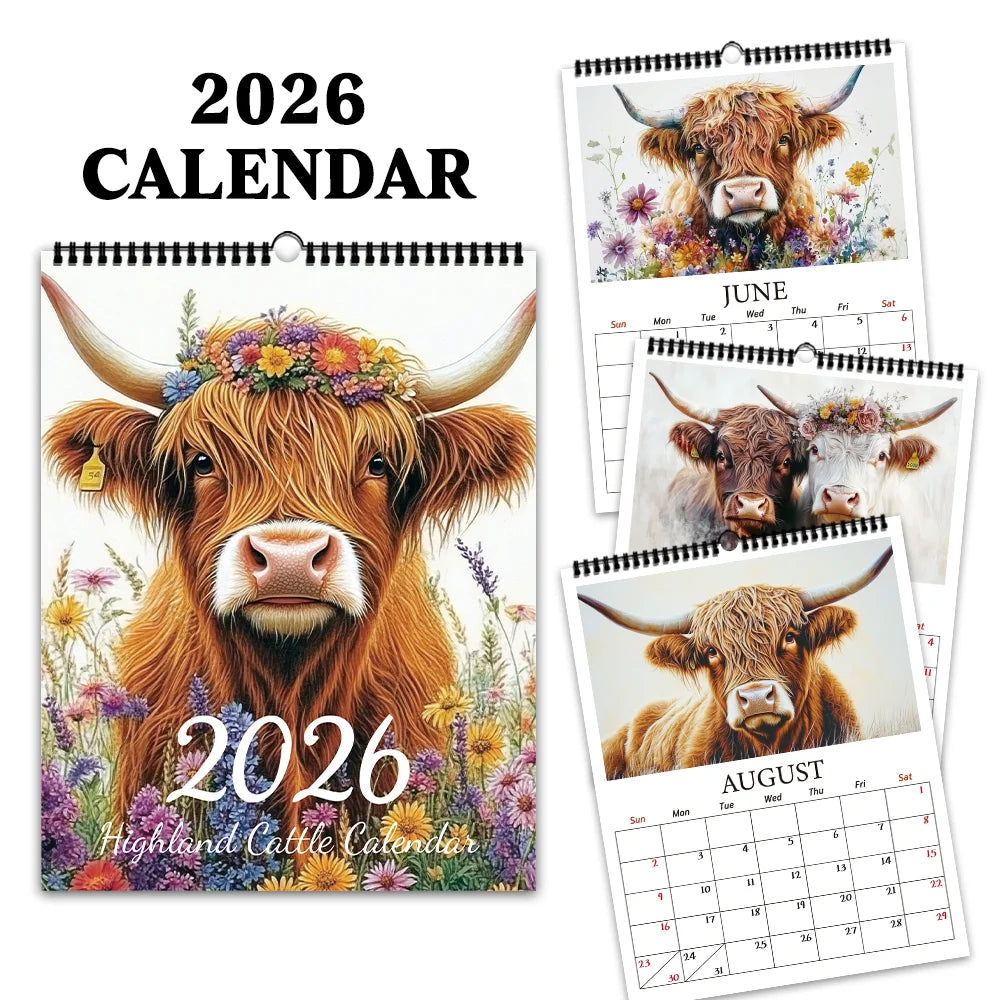 1pc 2026 Wall Calendar Highland Cow Series,12 Beautiful Designs,Monthly Planner,Perfect Gift for Birthdays, Christmas,New Year