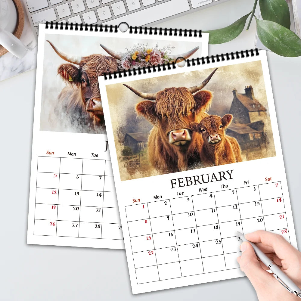 1pc 2026 Wall Calendar Highland Cow Series,12 Beautiful Designs,Monthly Planner,Perfect Gift for Birthdays, Christmas,New Year
