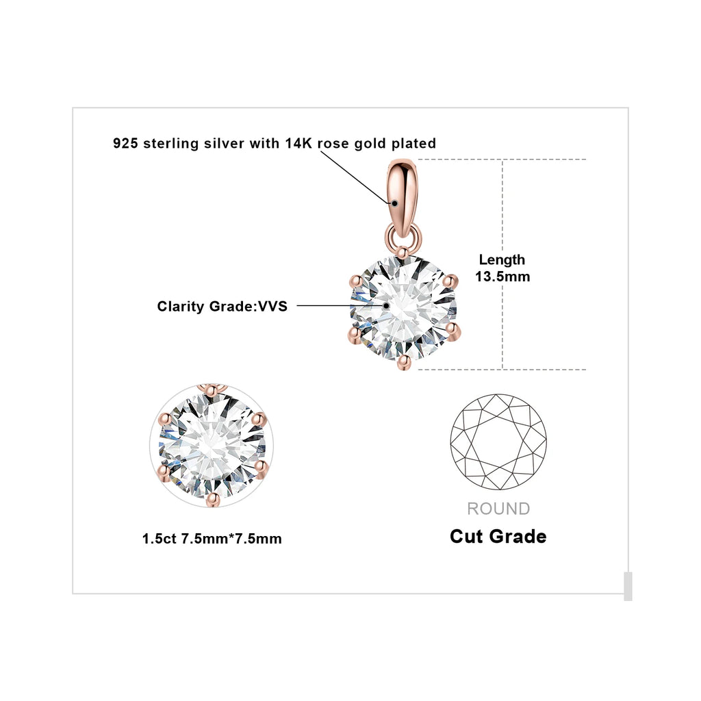 Sparkling Moissanite 1ct–3ct Pendant – D Color Round Cut, 925 Sterling Silve