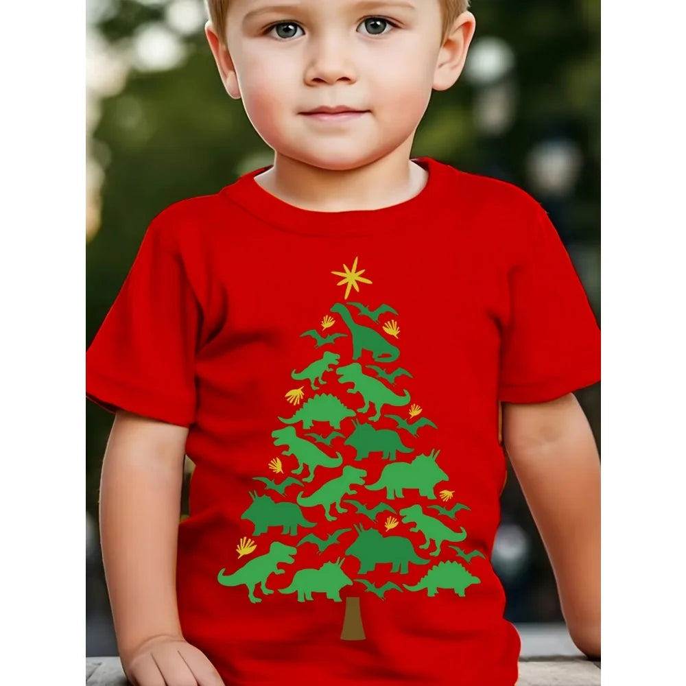 Summer T-shirts for boys, short-sleeved T-shirt with dinosaur and Christmas tree print, cute casual kids' clothes