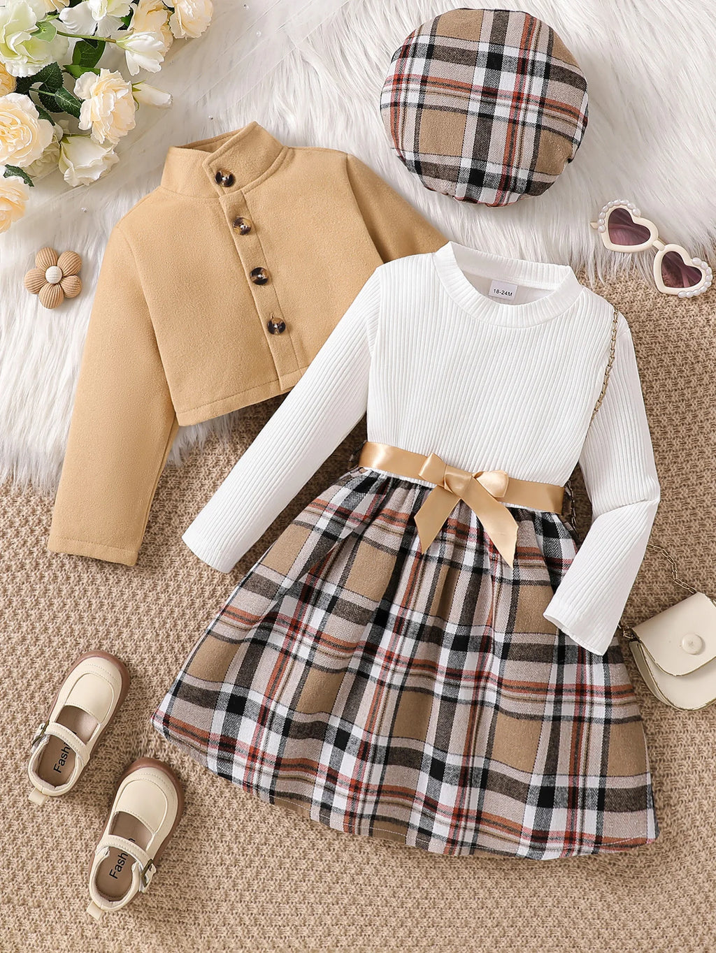 Kids Girls 3-Piece Autumn Winter Plaid Dress Set with Jacket & Beret, Ages 1-6