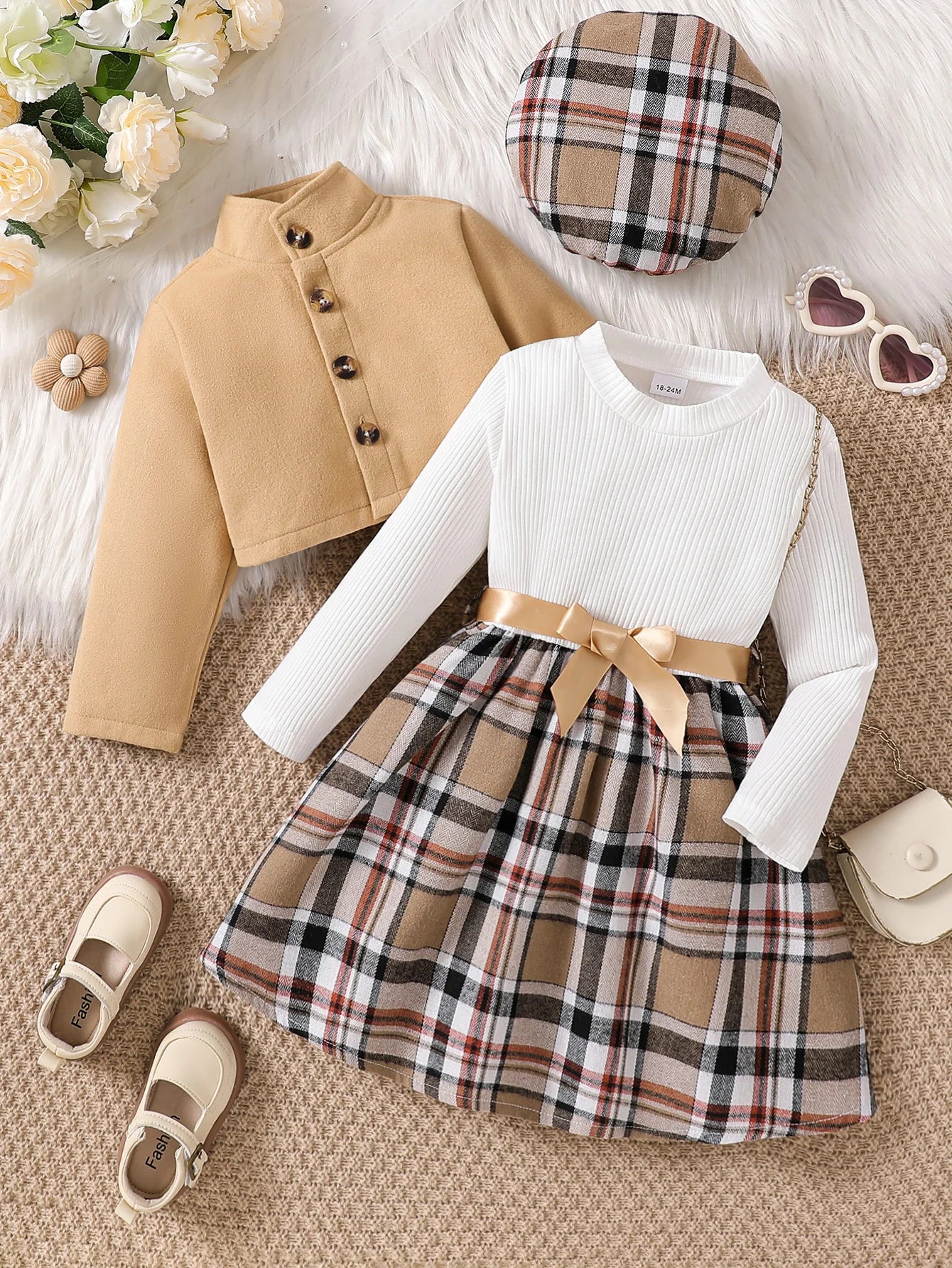 Kids Girls 3-Piece Autumn Winter Plaid Dress Set with Jacket & Beret, Ages 1-6
