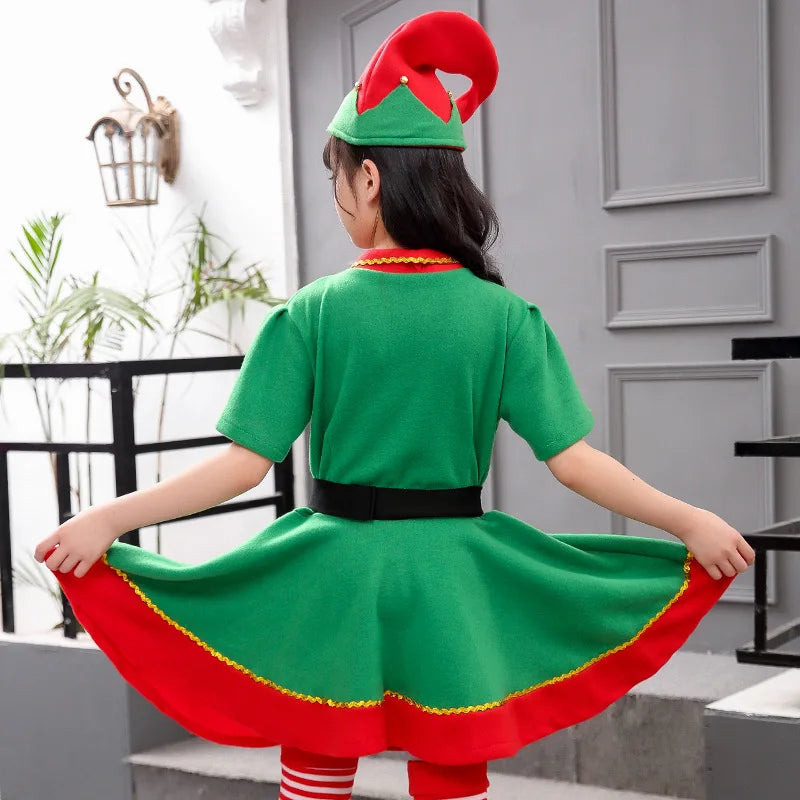 Girls Christmas Elf Dress-Up Set – Green Santa Suit with Hat, Holiday Party & Stage Performance Costume