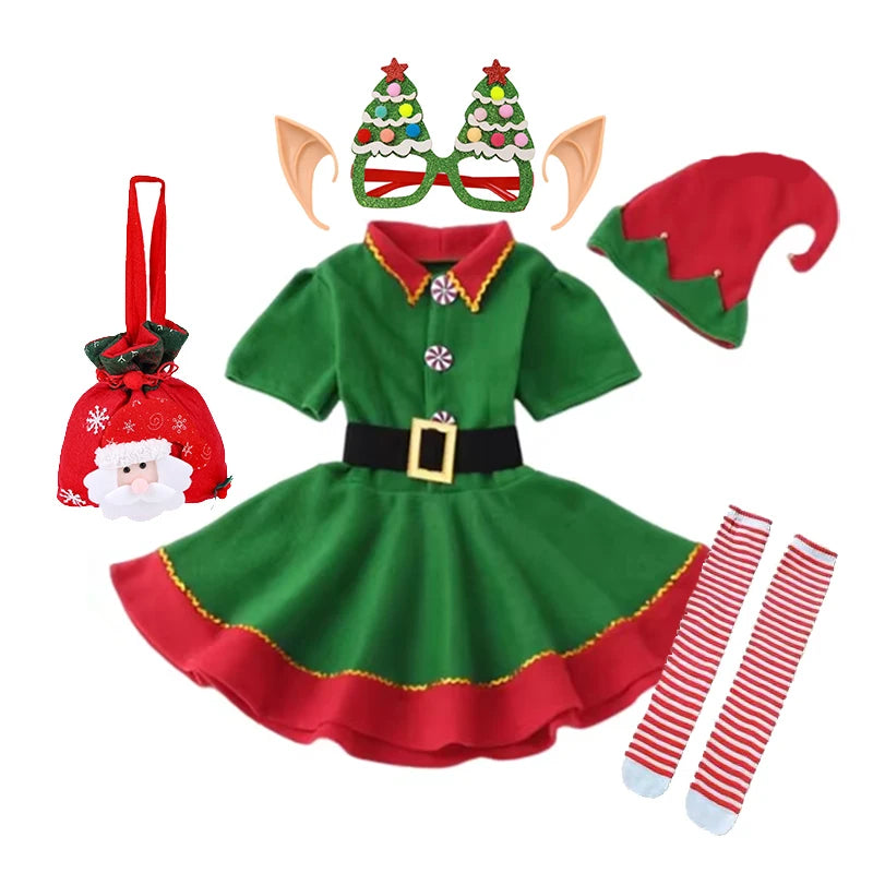 Girls Christmas Elf Dress-Up Set – Green Santa Suit with Hat, Holiday Party & Stage Performance Costume
