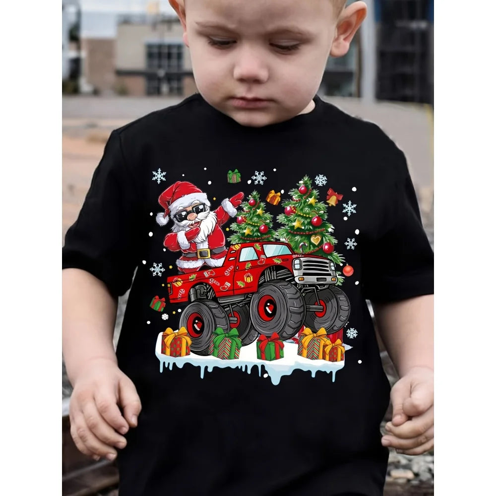 Summer T-shirts for boys, short-sleeved T-shirt with dinosaur and Christmas tree print, cute casual kids' clothes