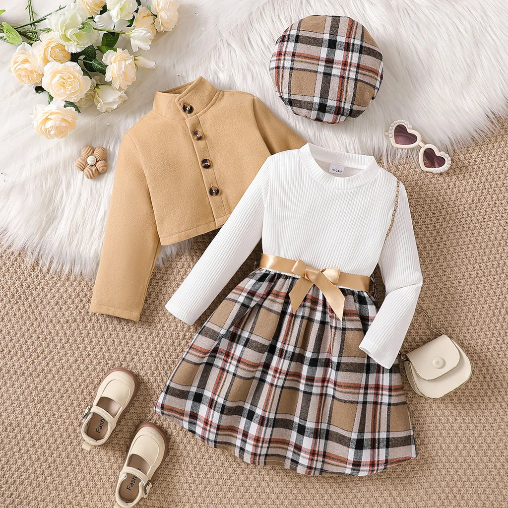 Kids Girls 3-Piece Autumn Winter Plaid Dress Set with Jacket & Beret, Ages 1-6