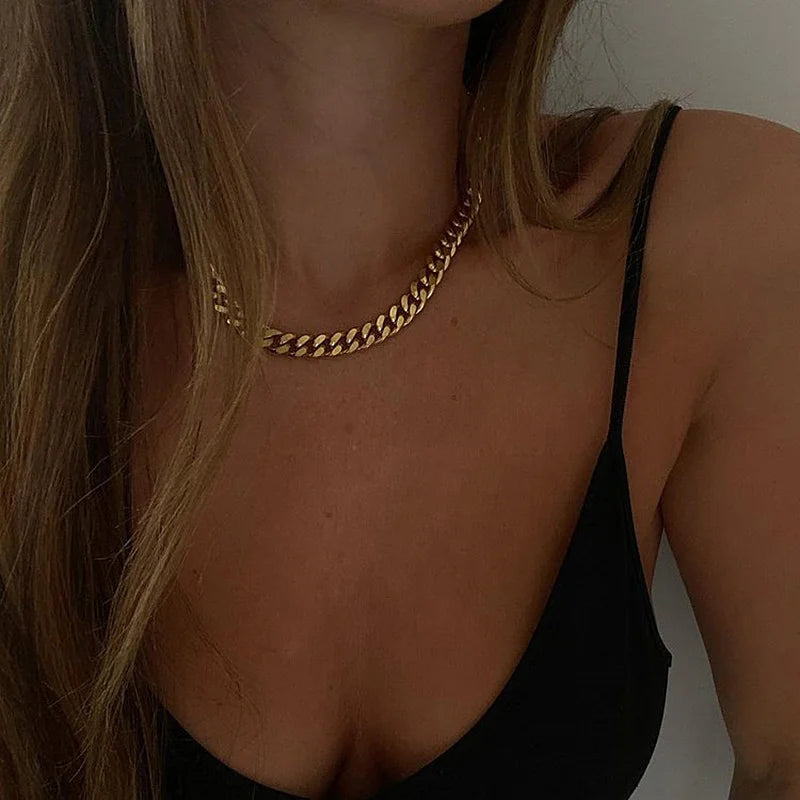 Punk Cuban Chain Necklace – Unisex Solid Metal Curb Link Choker in Gold Tone