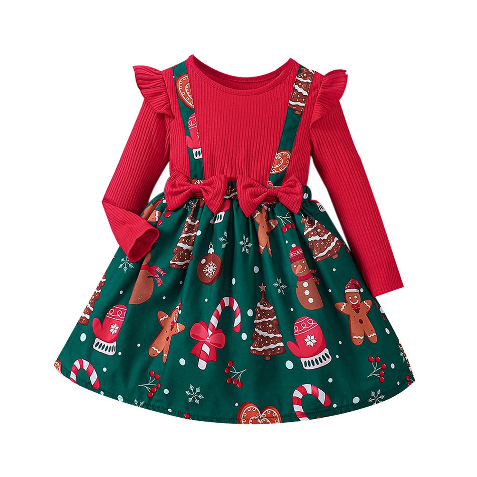 New Year Dress For Baby Girls Autumn Long Sleeve Princess Dress Kids Red Patchwork Xmas Gift Deer Print Christmas Dresses