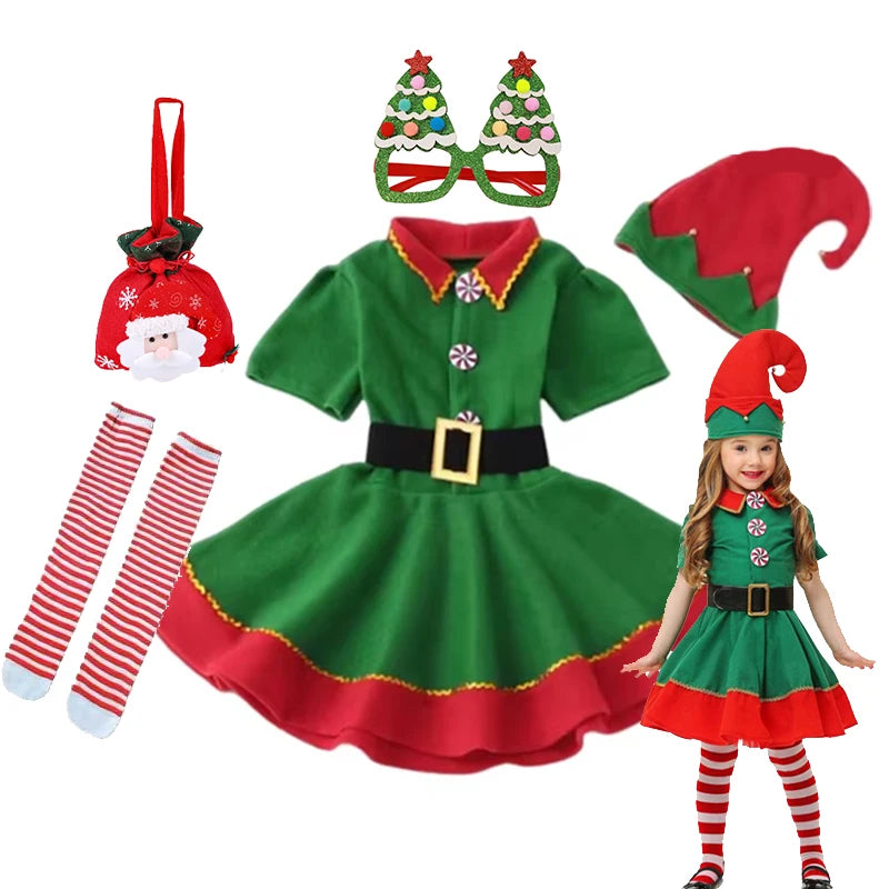 Girls Christmas Elf Dress-Up Set – Green Santa Suit with Hat, Holiday Party & Stage Performance Costume