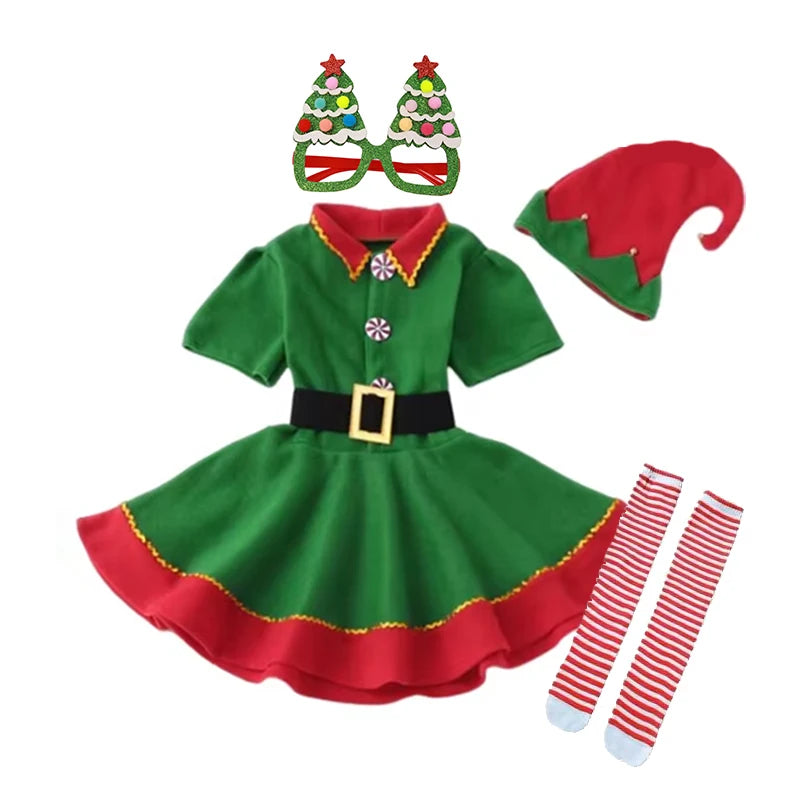 Girls Christmas Elf Dress-Up Set – Green Santa Suit with Hat, Holiday Party & Stage Performance Costume