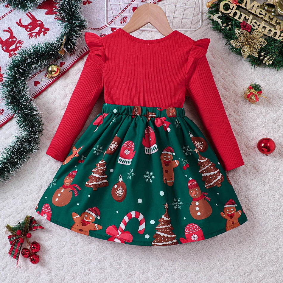 New Year Dress For Baby Girls Autumn Long Sleeve Princess Dress Kids Red Patchwork Xmas Gift Deer Print Christmas Dresses