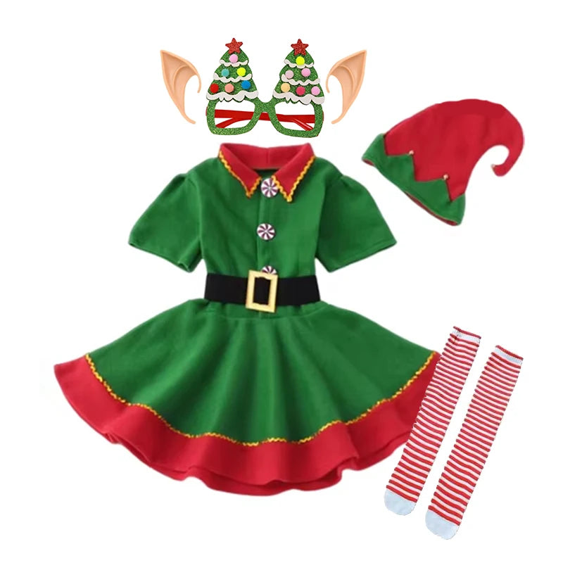 Girls Christmas Elf Dress-Up Set – Green Santa Suit with Hat, Holiday Party & Stage Performance Costume