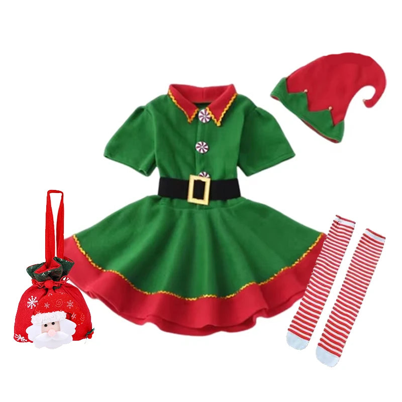 Girls Christmas Elf Dress-Up Set – Green Santa Suit with Hat, Holiday Party & Stage Performance Costume