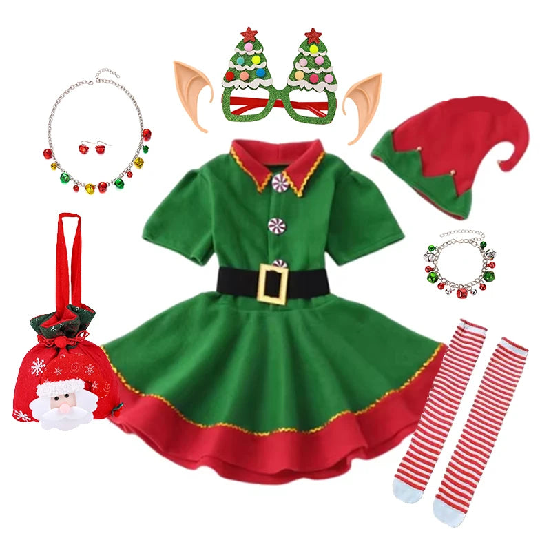 Girls Christmas Elf Dress-Up Set – Green Santa Suit with Hat, Holiday Party & Stage Performance Costume