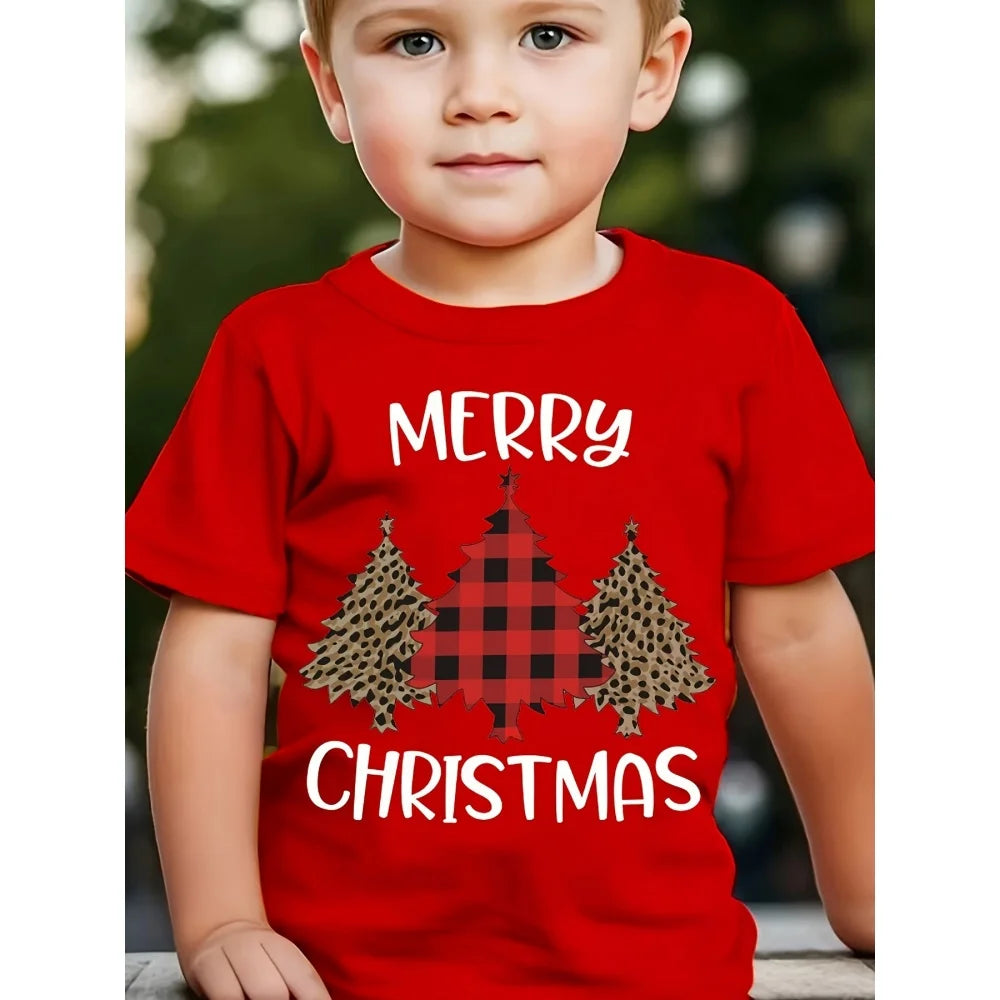 Summer T-shirts for boys, short-sleeved T-shirt with dinosaur and Christmas tree print, cute casual kids' clothes