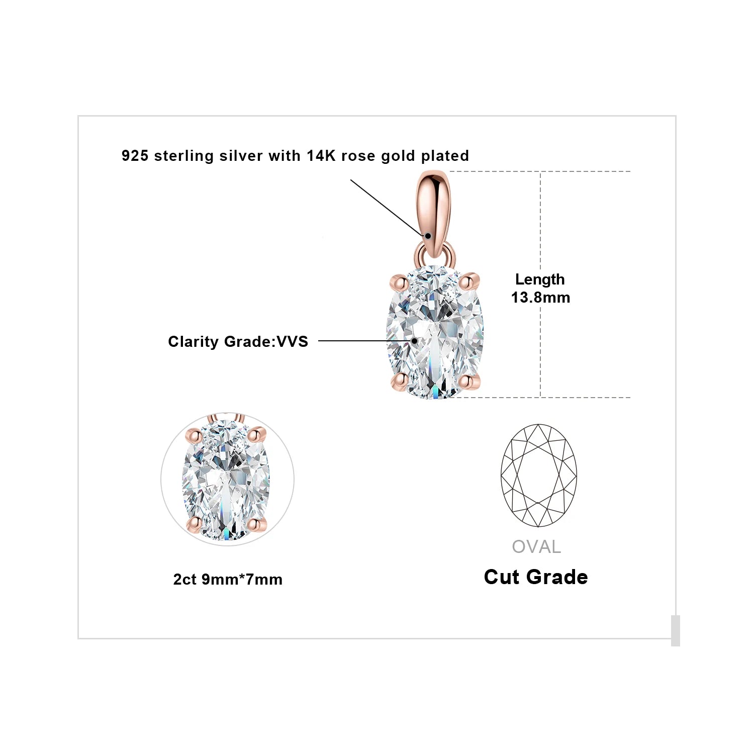 JewelryPalace 1ct/2ct D Color Moissanite Oval Pendant for Women – Sterling Silver 925, Gold Plated, Timeless Sparkle