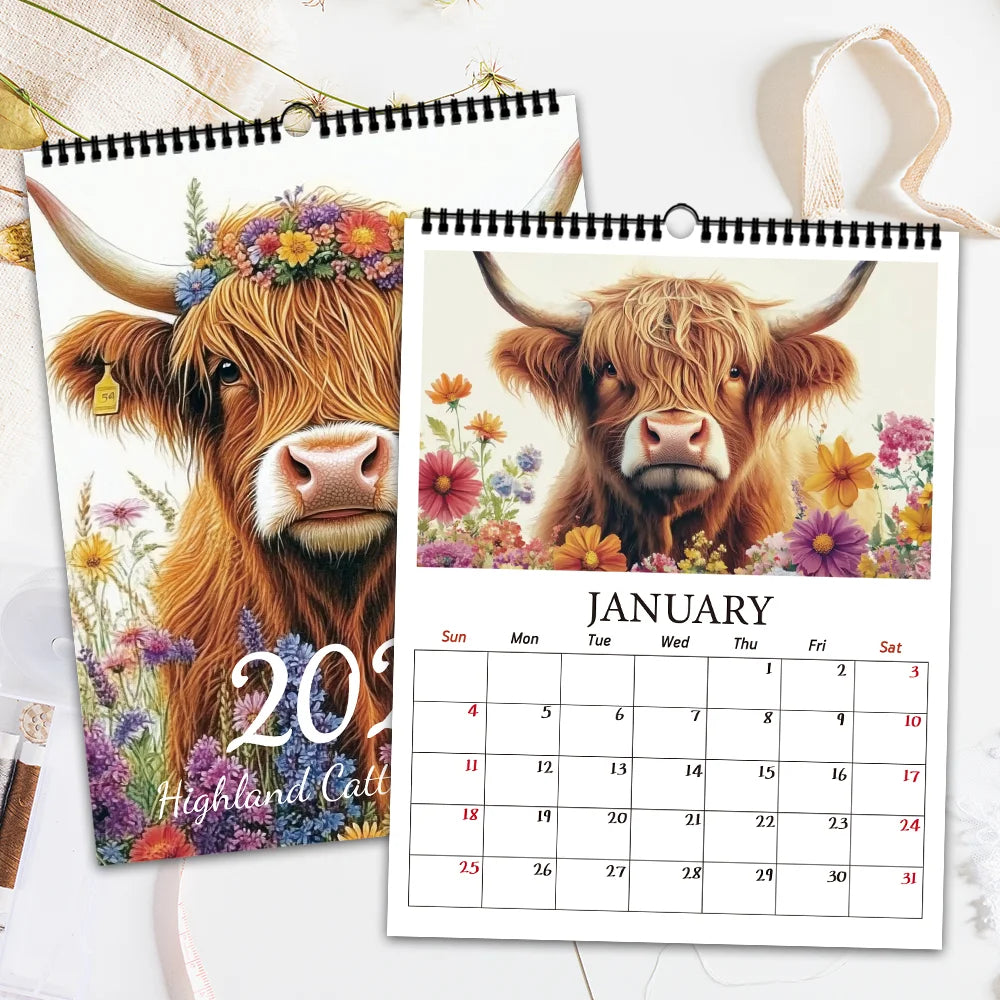 1pc 2026 Wall Calendar Highland Cow Series,12 Beautiful Designs,Monthly Planner,Perfect Gift for Birthdays, Christmas,New Year