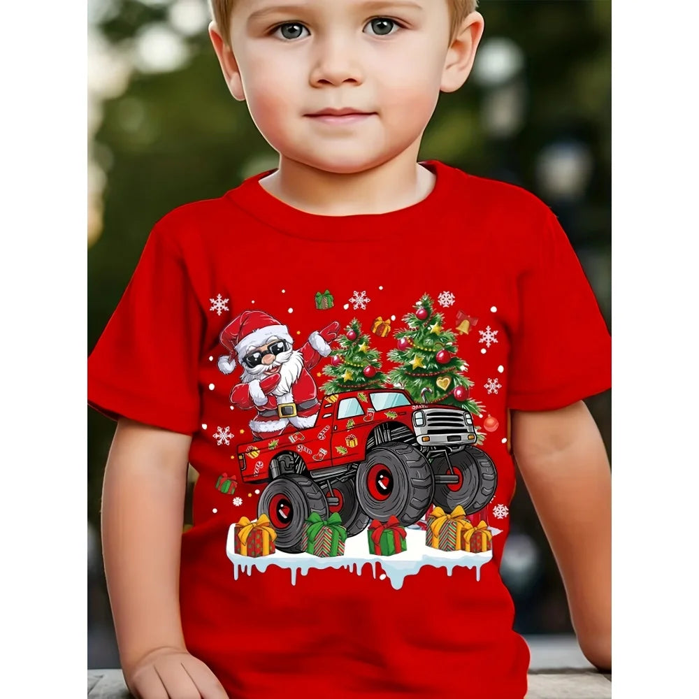Summer T-shirts for boys, short-sleeved T-shirt with dinosaur and Christmas tree print, cute casual kids' clothes