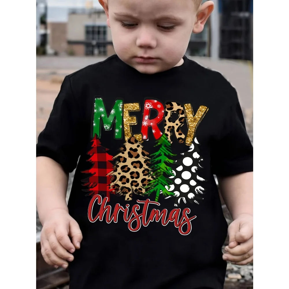 Summer T-shirts for boys, short-sleeved T-shirt with dinosaur and Christmas tree print, cute casual kids' clothes