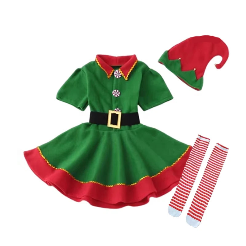 Girls Christmas Elf Dress-Up Set – Green Santa Suit with Hat, Holiday Party & Stage Performance Costume