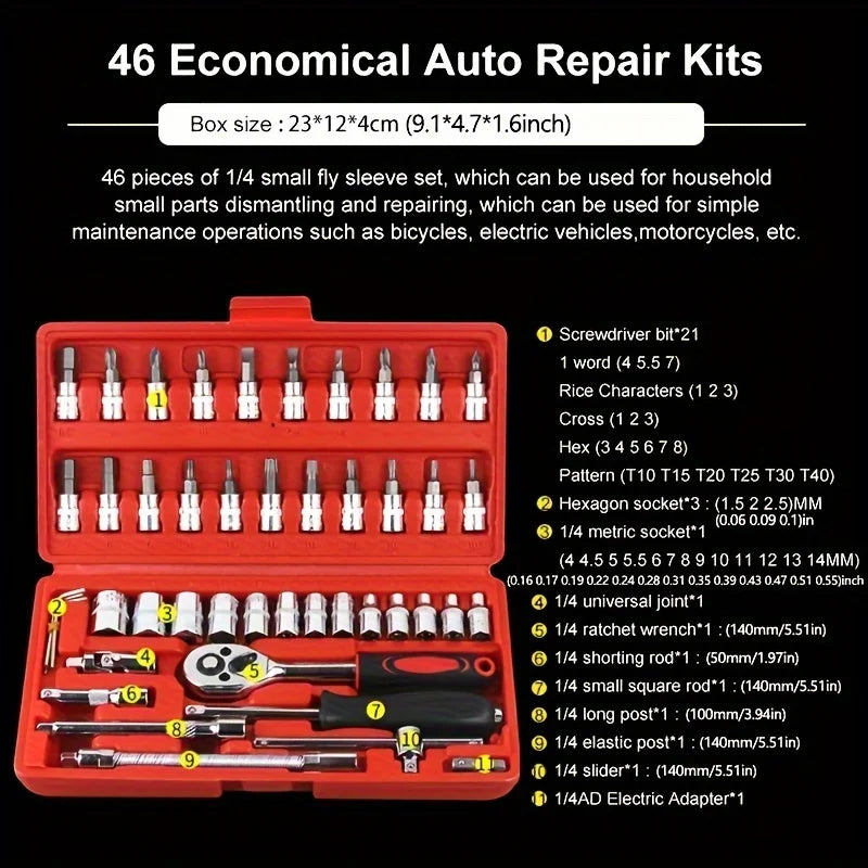 46PCS Ratchet Socket Wrench Tool Kit – Complete Car, Bike & Home Repair Set with Screwdriver and Spanner Tools