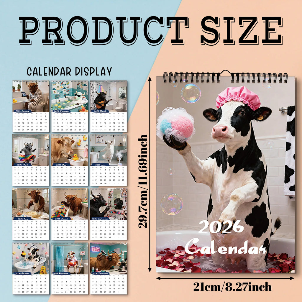 Funny Monthly Wall Calendar,A4 Size, Cute Cow Design With 12 Exquisite Patterns,Perfect For Home,Office, School, Travel