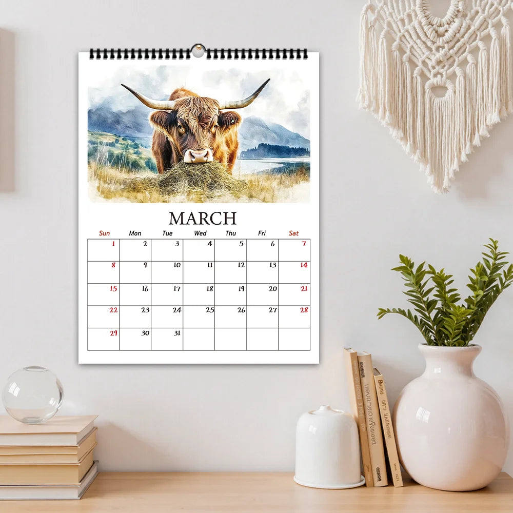 1pc 2026 Wall Calendar Highland Cow Series,12 Beautiful Designs,Monthly Planner,Perfect Gift for Birthdays, Christmas,New Year