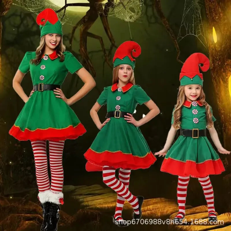 Girls Christmas Elf Dress-Up Set – Green Santa Suit with Hat, Holiday Party & Stage Performance Costume