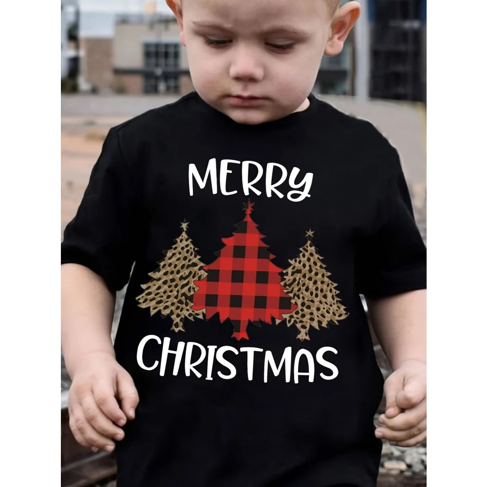 Summer T-shirts for boys, short-sleeved T-shirt with dinosaur and Christmas tree print, cute casual kids' clothes