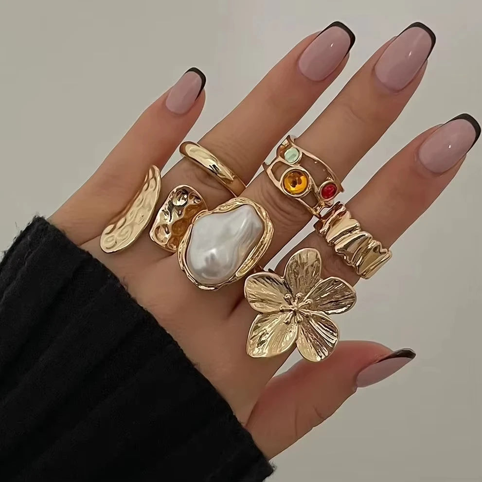 Modern Irregular Flower Ring – Imitation Pearl Adjustable Ring for Women