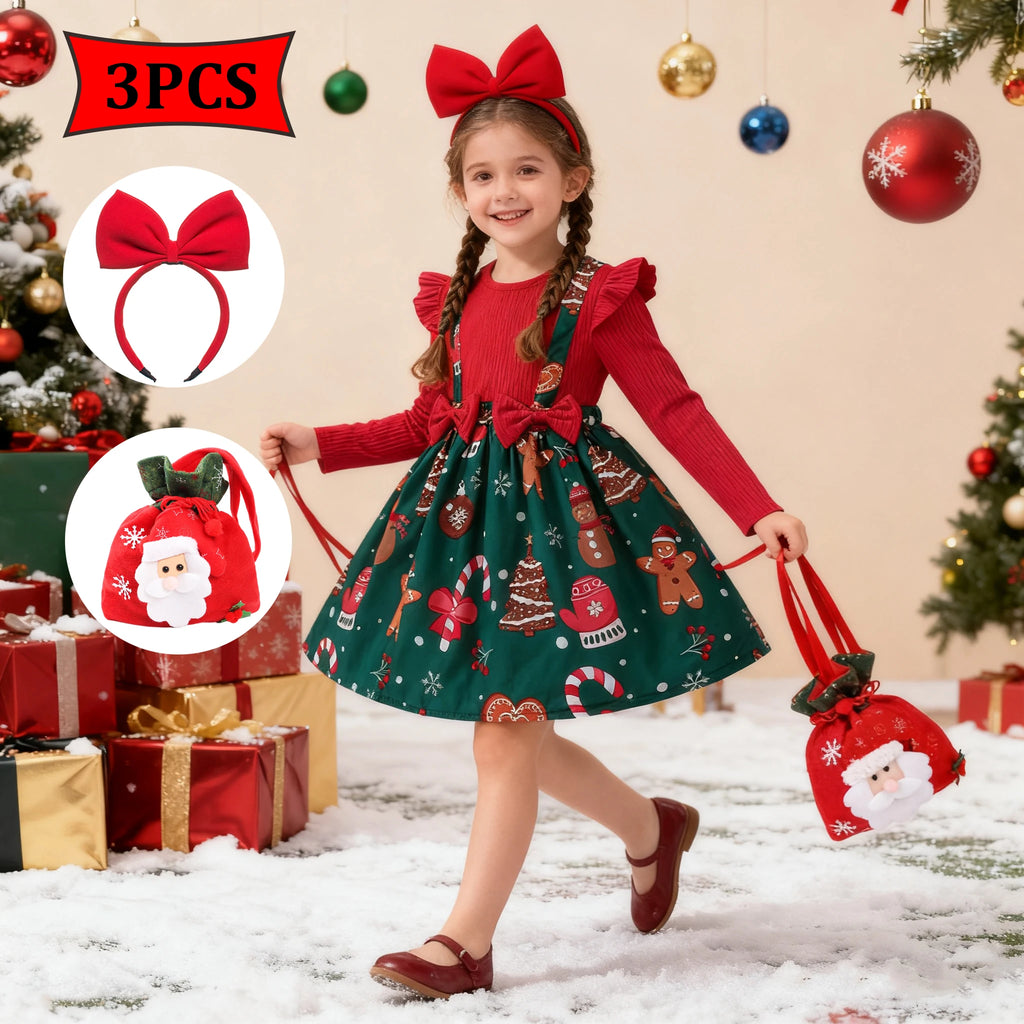 New Year Dress For Baby Girls Autumn Long Sleeve Princess Dress Kids Red Patchwork Xmas Gift Deer Print Christmas Dresses