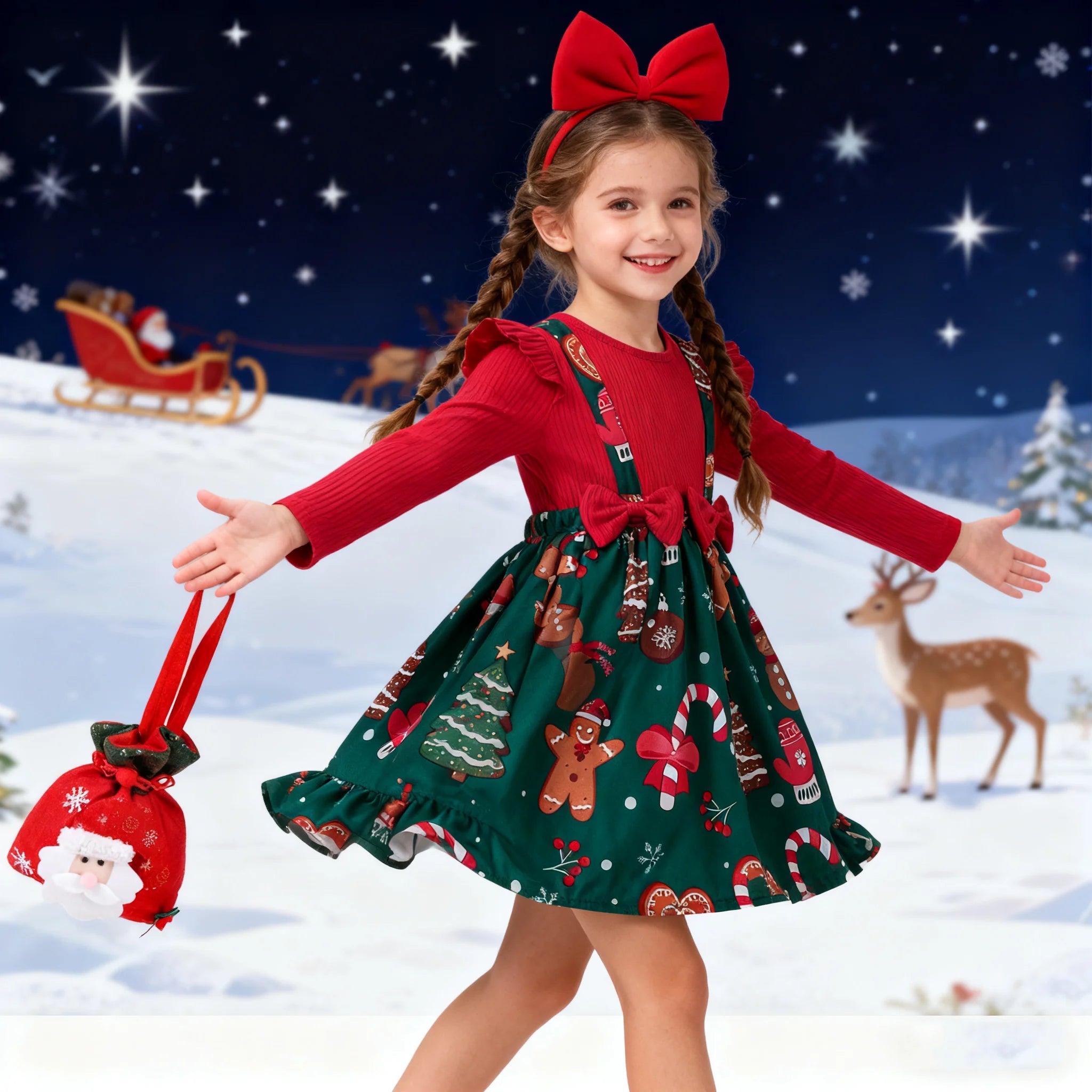 New Year Dress For Baby Girls Autumn Long Sleeve Princess Dress Kids Red Patchwork Xmas Gift Deer Print Christmas Dresses