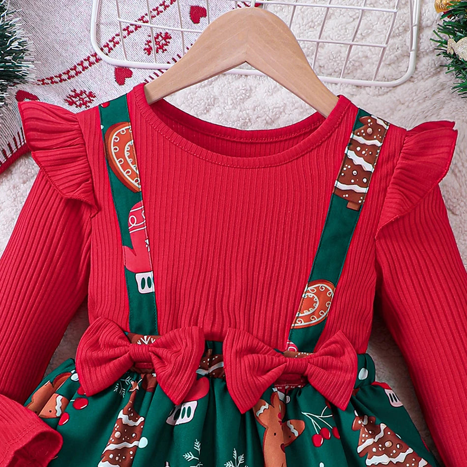 New Year Dress For Baby Girls Autumn Long Sleeve Princess Dress Kids Red Patchwork Xmas Gift Deer Print Christmas Dresses