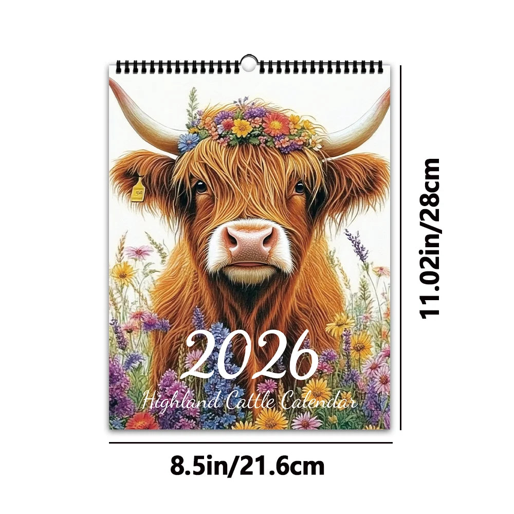 1pc 2026 Wall Calendar Highland Cow Series,12 Beautiful Designs,Monthly Planner,Perfect Gift for Birthdays, Christmas,New Year