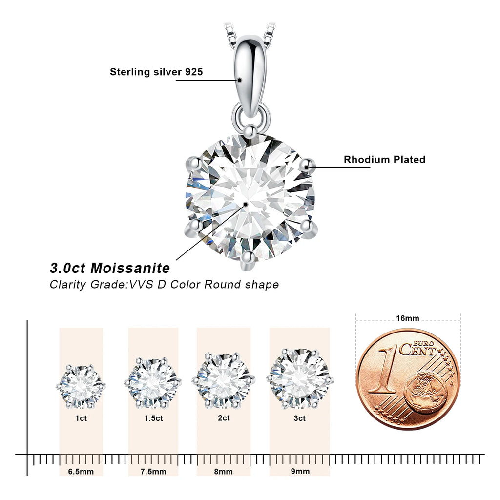 Sparkling Moissanite 1ct–3ct Pendant – D Color Round Cut, 925 Sterling Silve