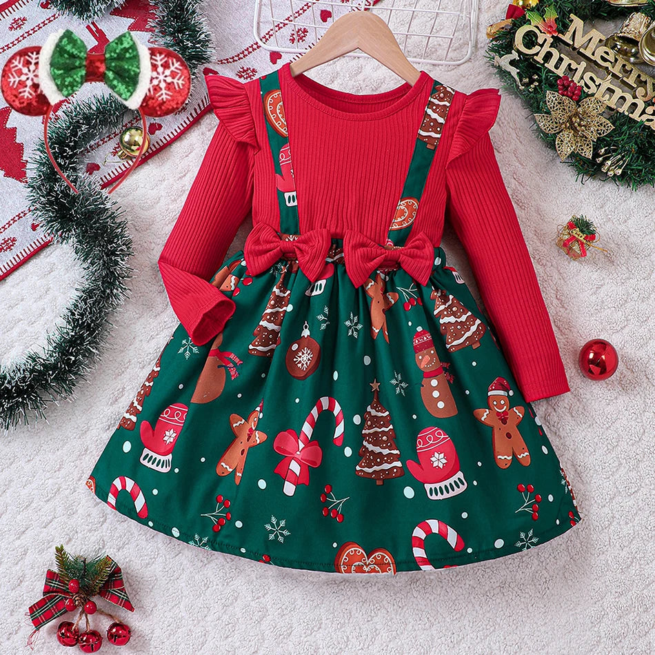 New Year Dress For Baby Girls Autumn Long Sleeve Princess Dress Kids Red Patchwork Xmas Gift Deer Print Christmas Dresses
