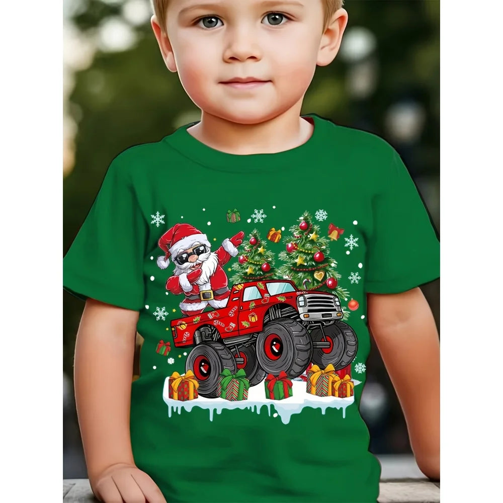 Summer T-shirts for boys, short-sleeved T-shirt with dinosaur and Christmas tree print, cute casual kids' clothes
