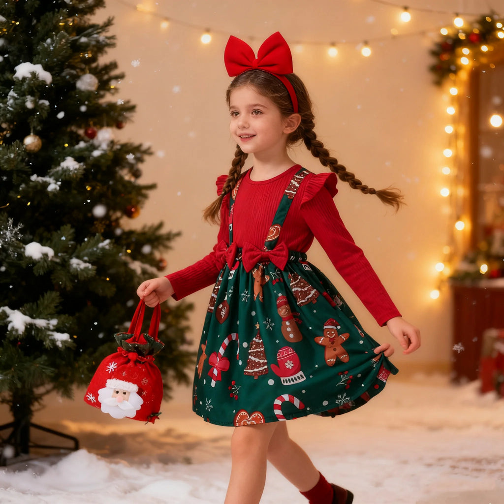 New Year Dress For Baby Girls Autumn Long Sleeve Princess Dress Kids Red Patchwork Xmas Gift Deer Print Christmas Dresses