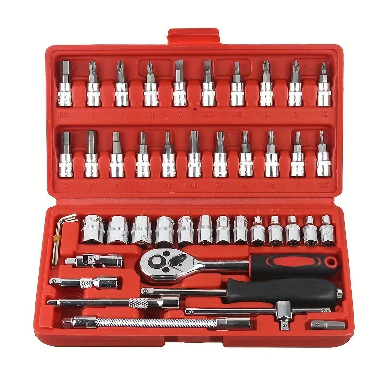 46PCS Ratchet Socket Wrench Tool Kit – Complete Car, Bike & Home Repair Set with Screwdriver and Spanner Tools