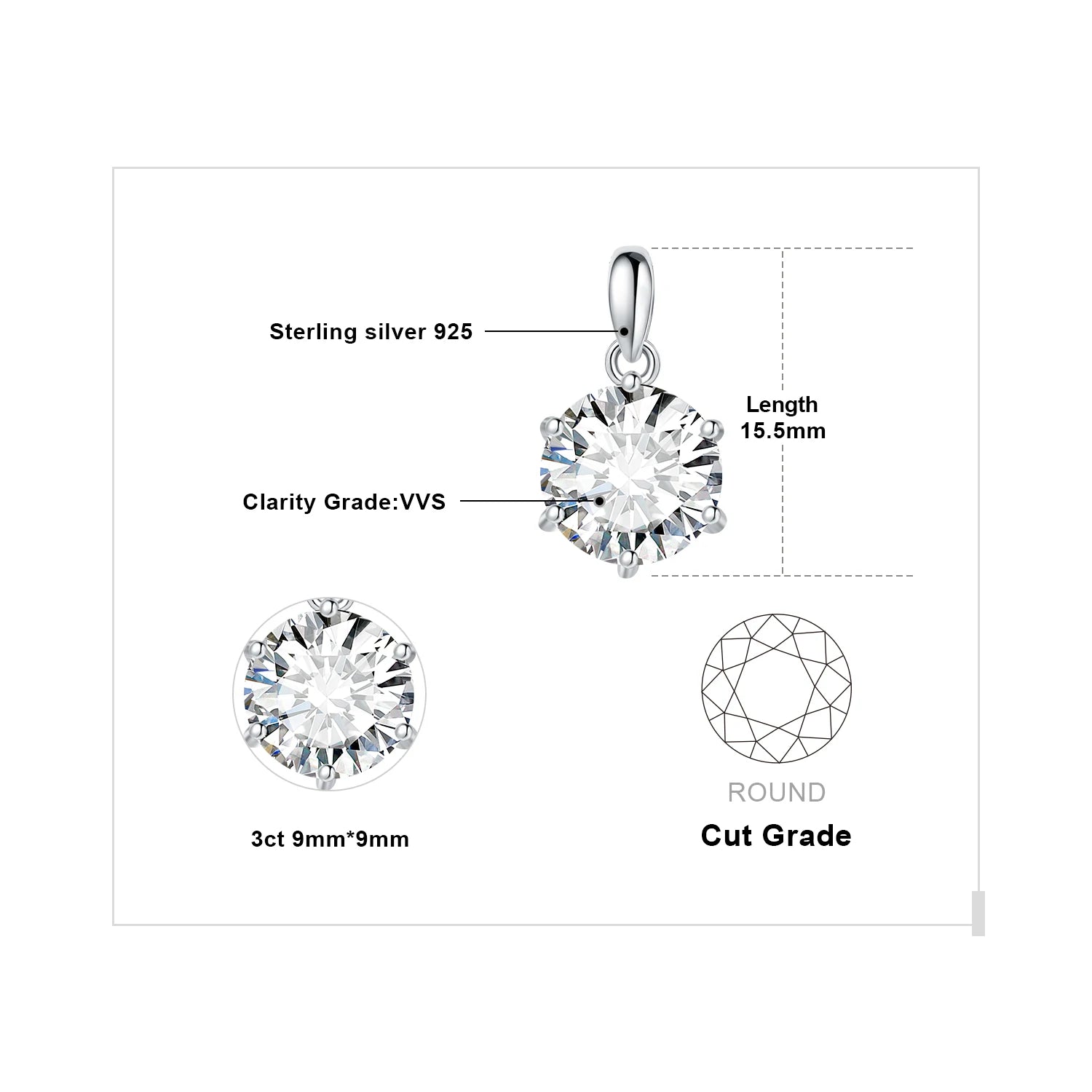 Sparkling Moissanite 1ct–3ct Pendant – D Color Round Cut, 925 Sterling Silve