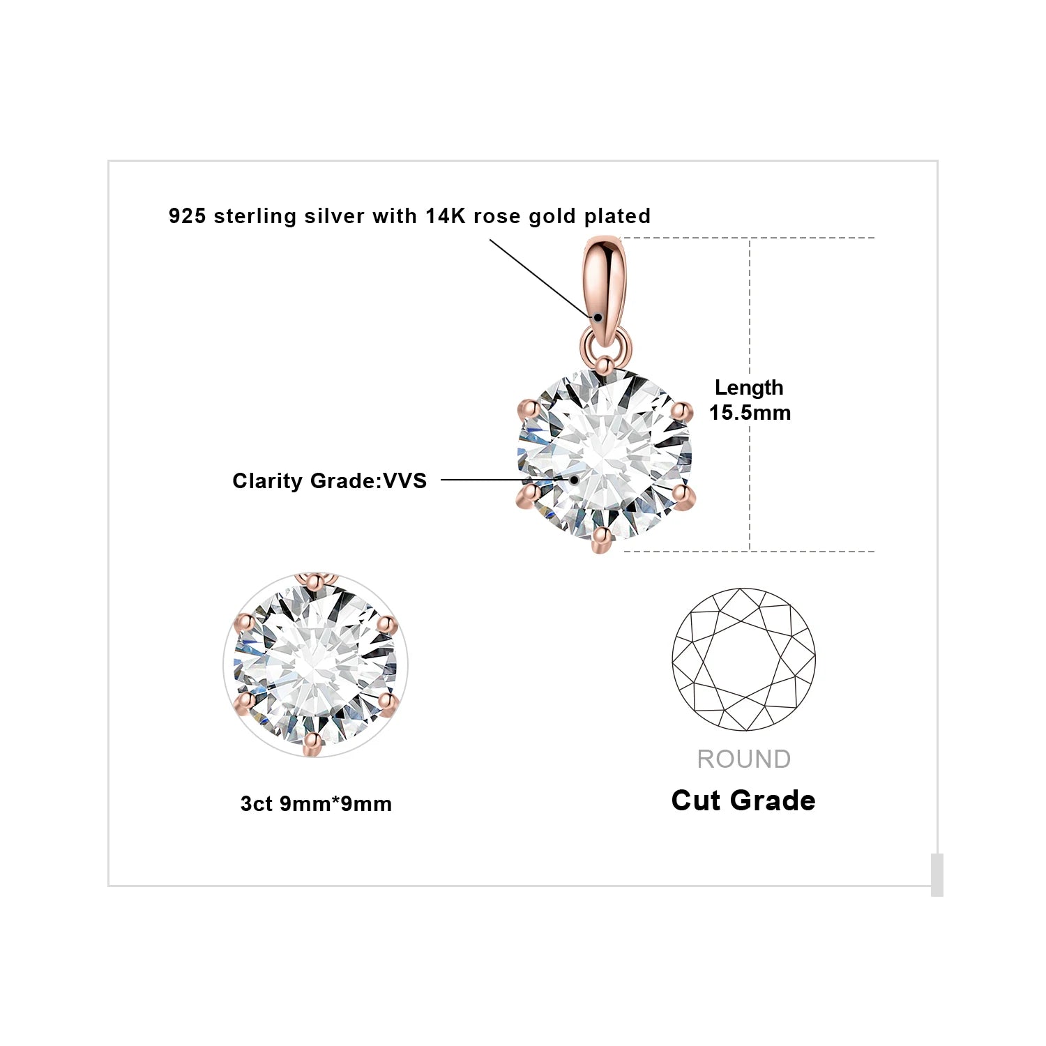 Sparkling Moissanite 1ct–3ct Pendant – D Color Round Cut, 925 Sterling Silve