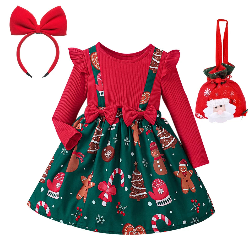 New Year Dress For Baby Girls Autumn Long Sleeve Princess Dress Kids Red Patchwork Xmas Gift Deer Print Christmas Dresses