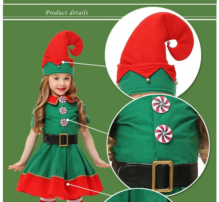 Girls Christmas Elf Dress-Up Set – Green Santa Suit with Hat, Holiday Party & Stage Performance Costume