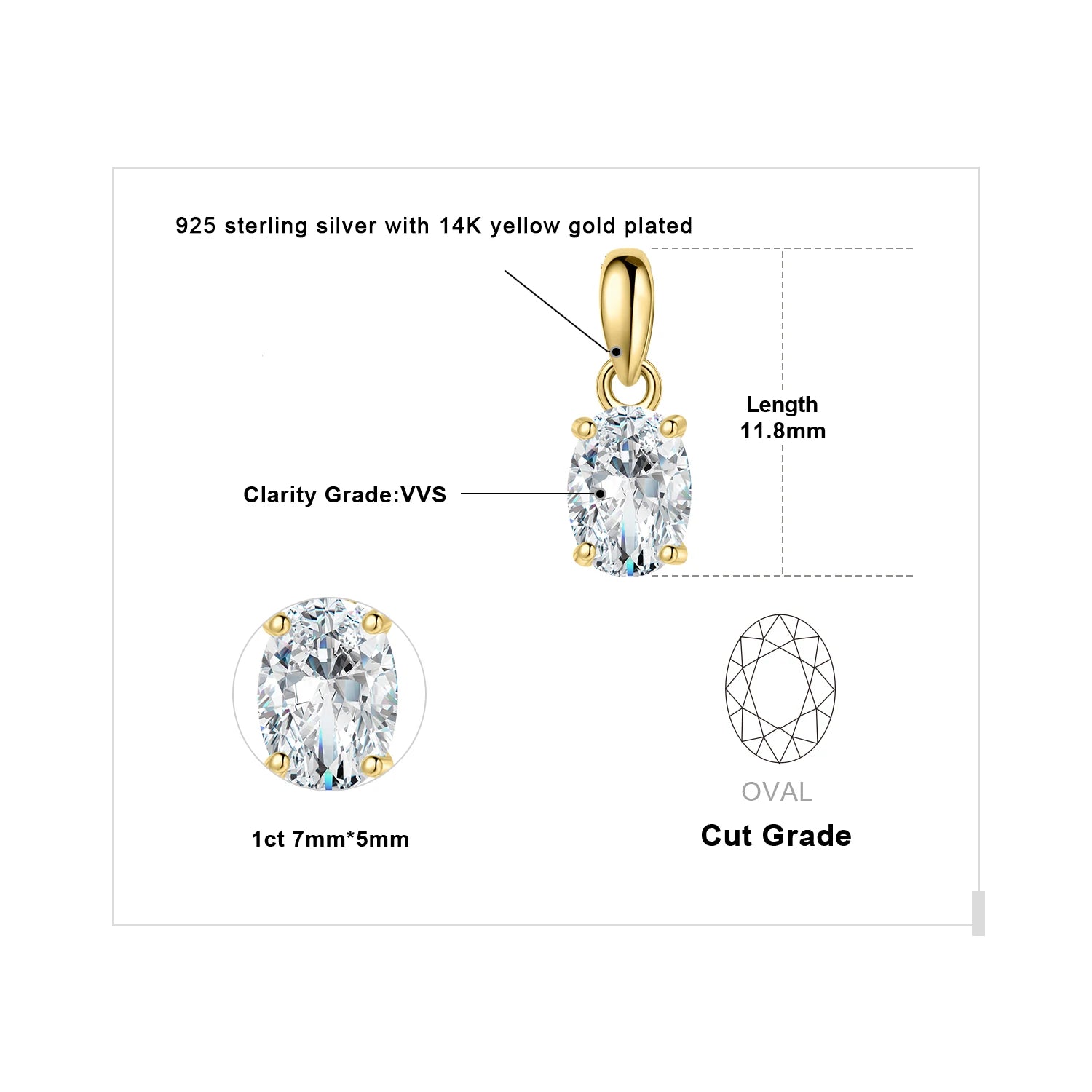 JewelryPalace 1ct/2ct D Color Moissanite Oval Pendant for Women – Sterling Silver 925, Gold Plated, Timeless Sparkle