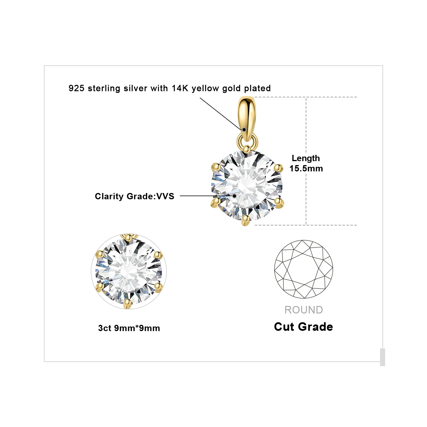 Sparkling Moissanite 1ct–3ct Pendant – D Color Round Cut, 925 Sterling Silve