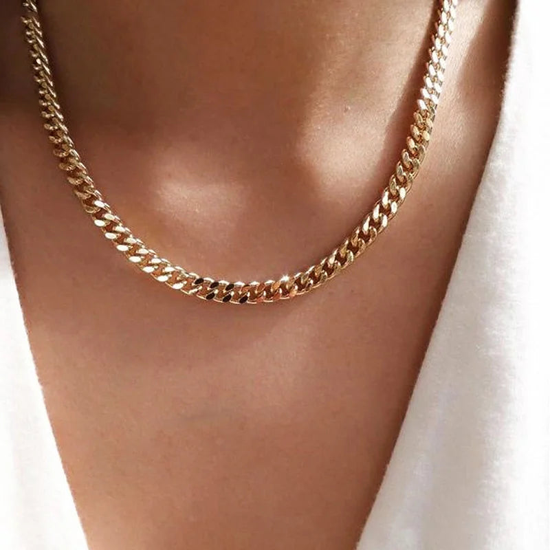 Punk Cuban Chain Necklace – Unisex Solid Metal Curb Link Choker in Gold Tone